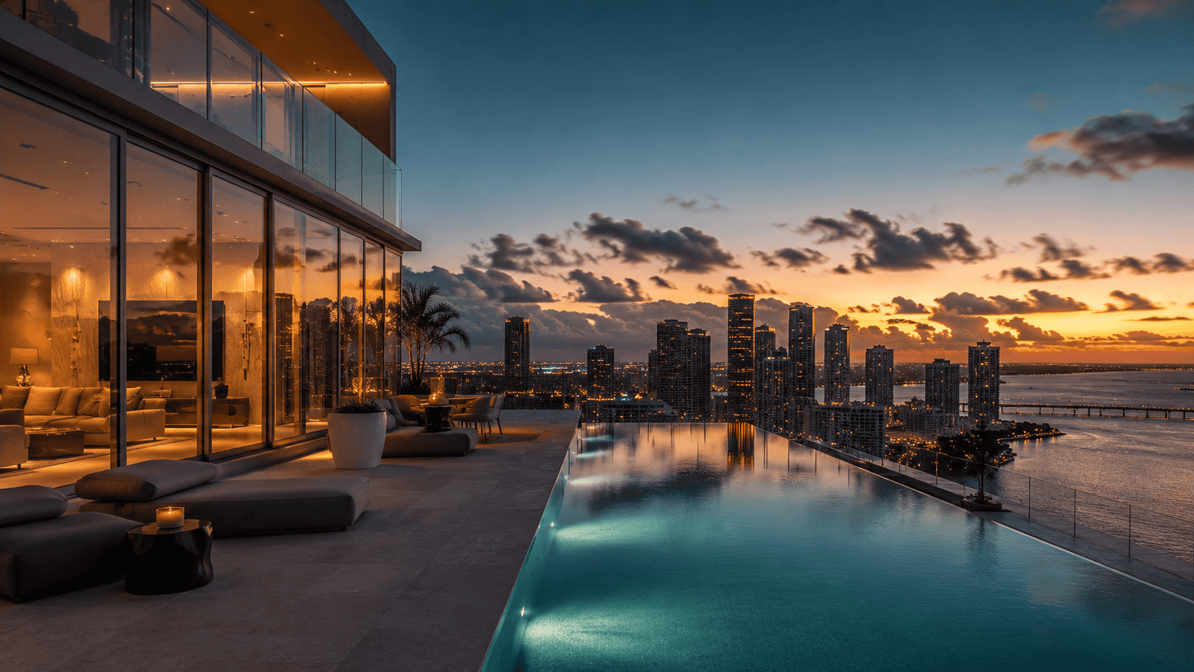 Infinity pool overlooking Miami skyline at sunset, luxury penthouse terrace.