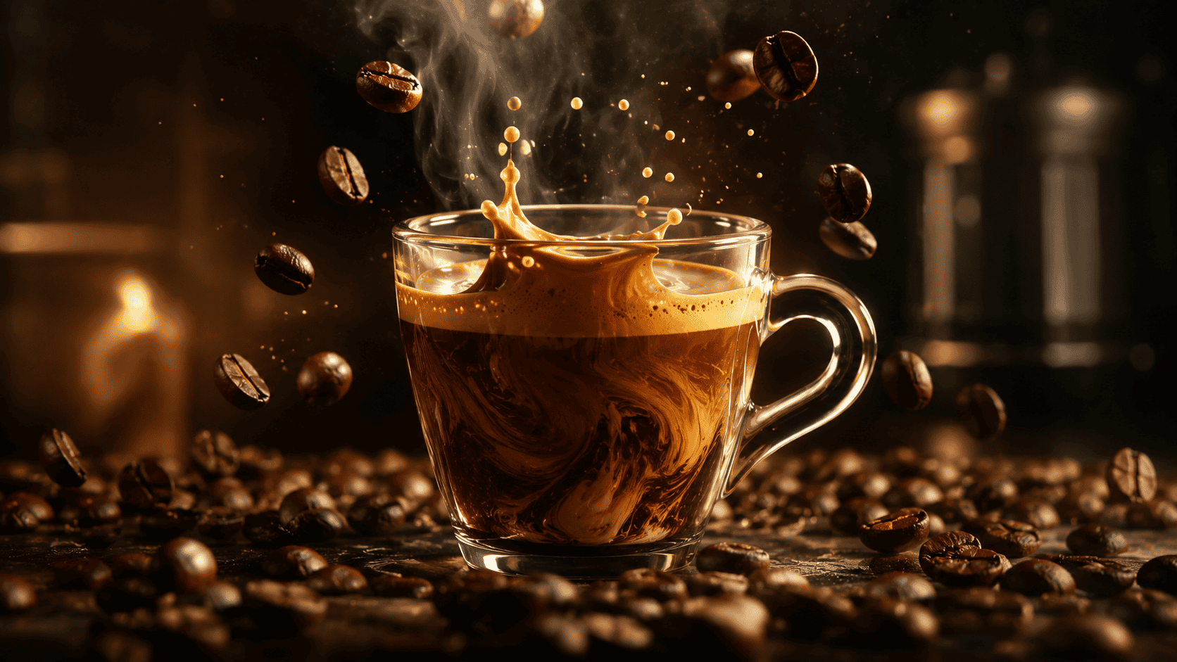 Coffee splash in a glass cup with coffee beans around, dark background.