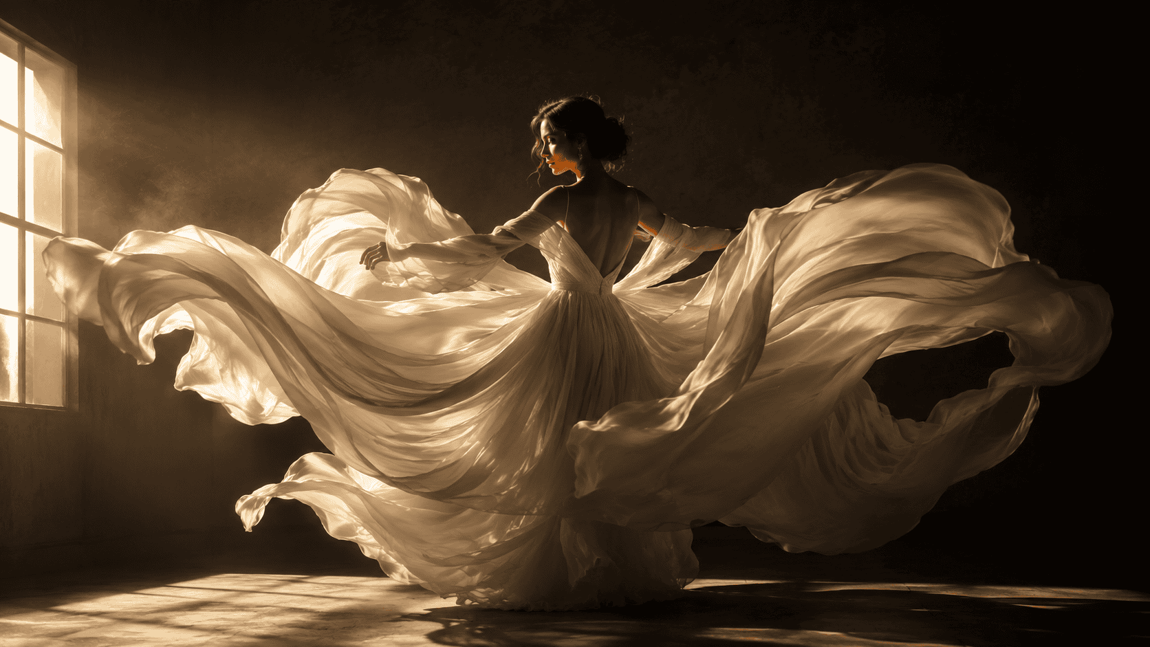 Elegant dancer in flowing gown performing in a studio with dramatic lighting.