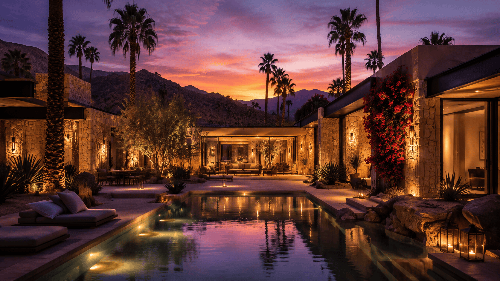 Luxury desert estate with pool, palm trees, and twilight sky.
