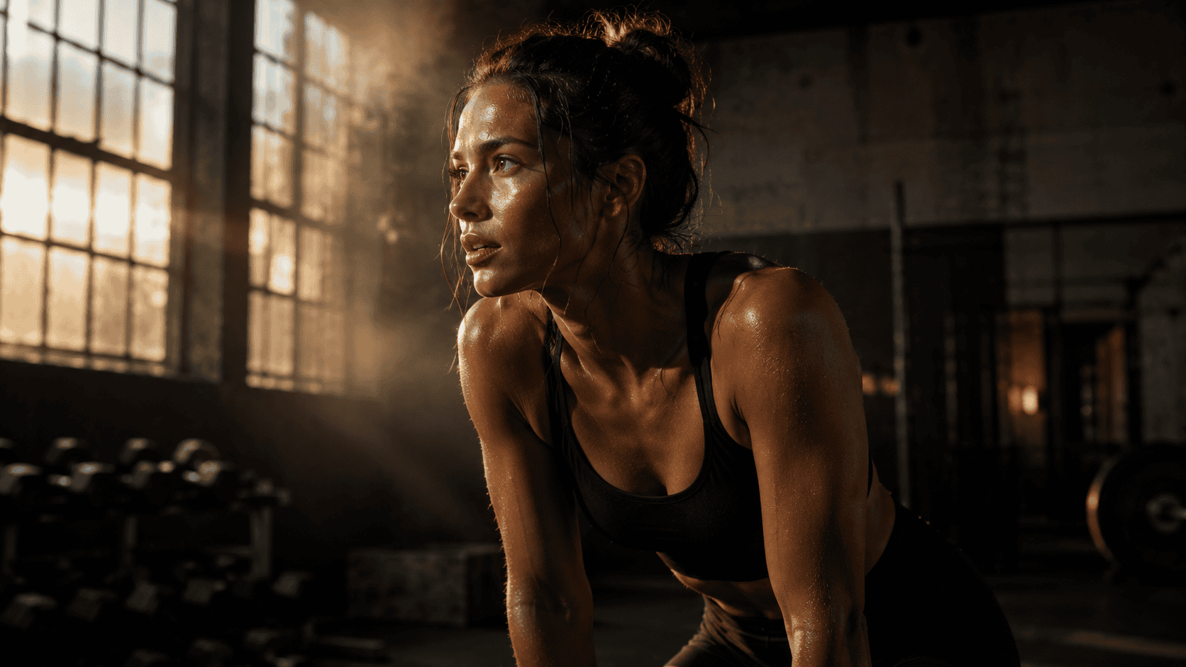 Intense workout scene featuring a focused woman in a gym, highlighting fitness and strength.