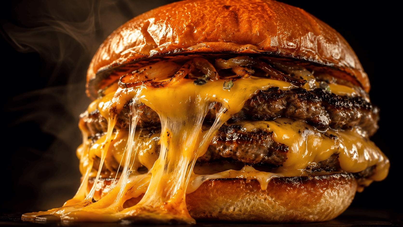 Melted cheese pull from a gourmet burger in extreme close-up with steam rising.