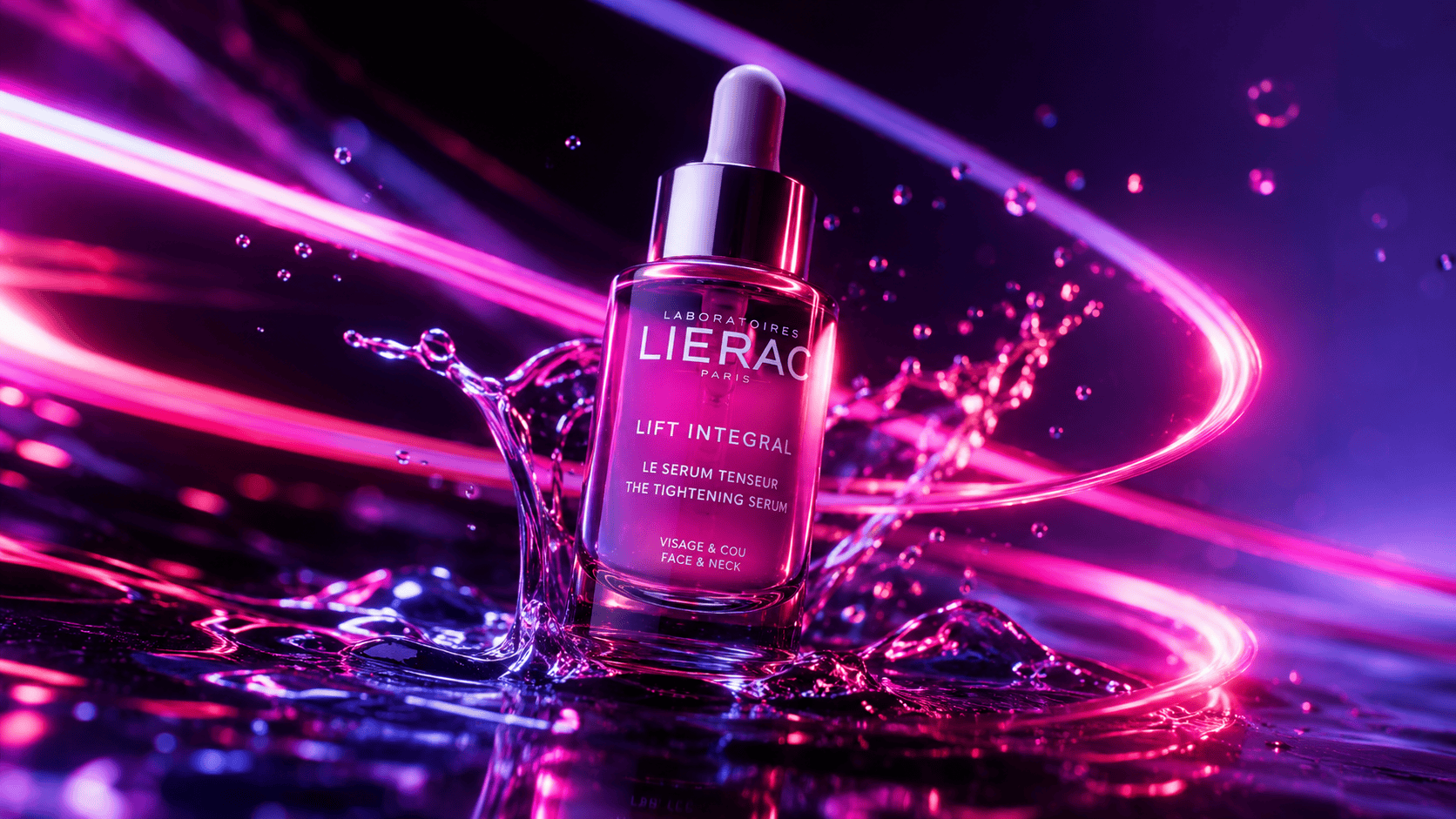 Glowing skincare serum bottle with neon pink and violet light streaks.