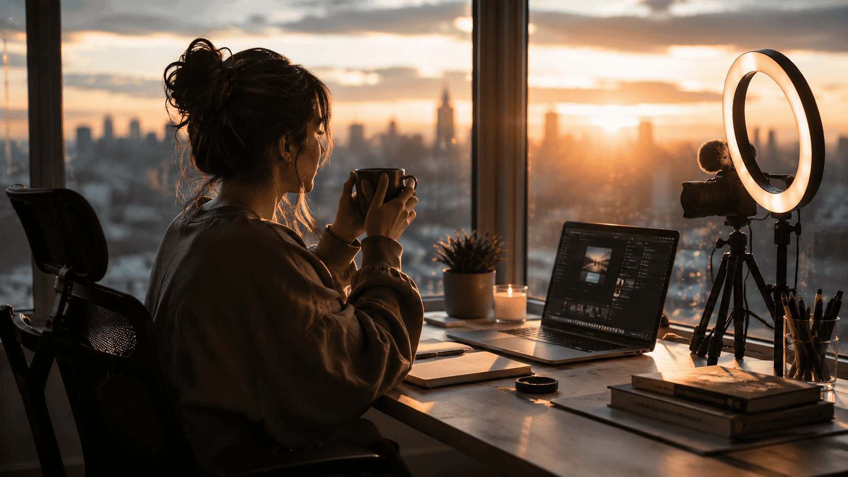 Creative professional at a minimalist desk setup during golden hour sunset.