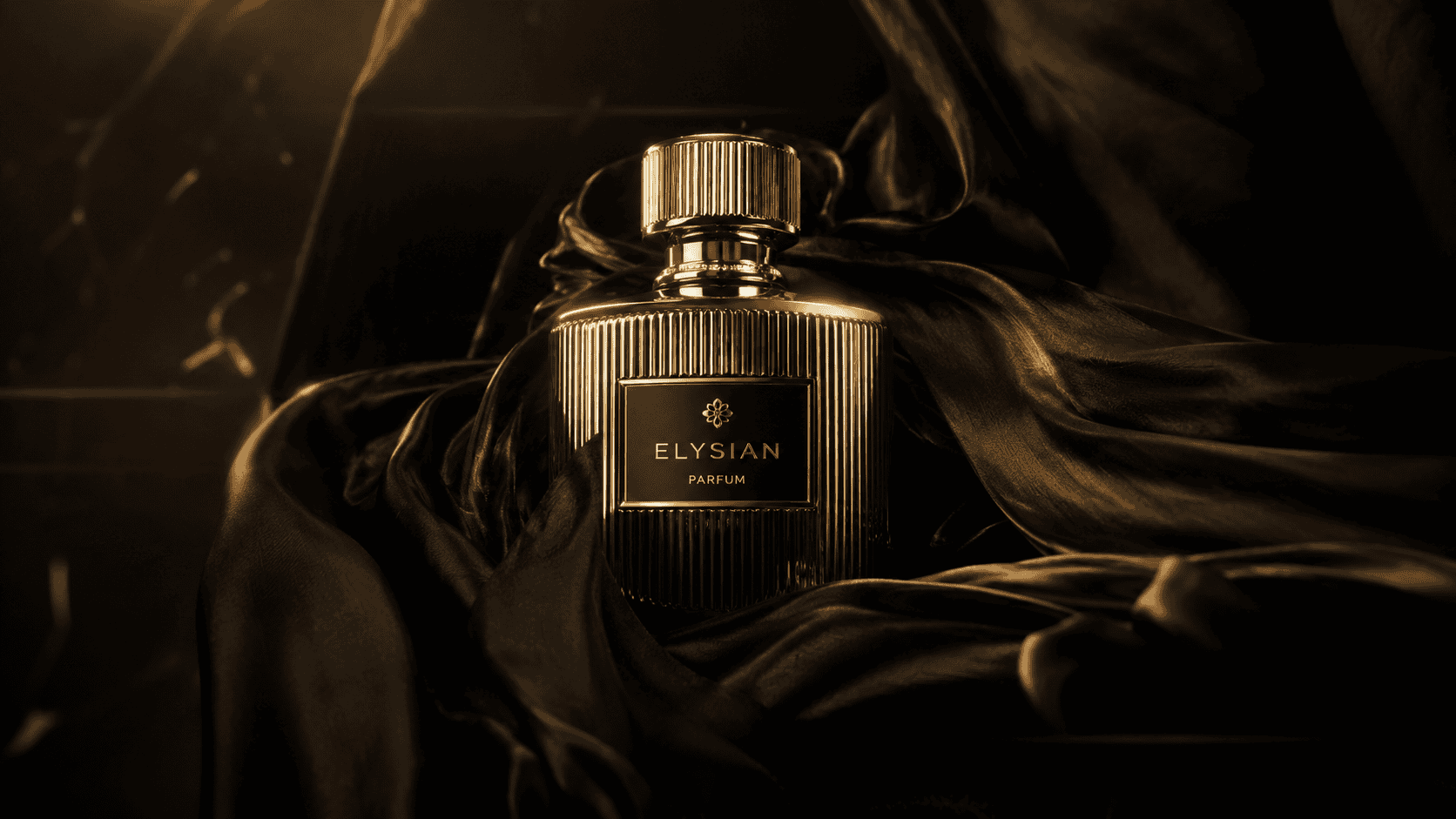 Elysian perfume bottle on black satin fabric, luxury fragrance display.