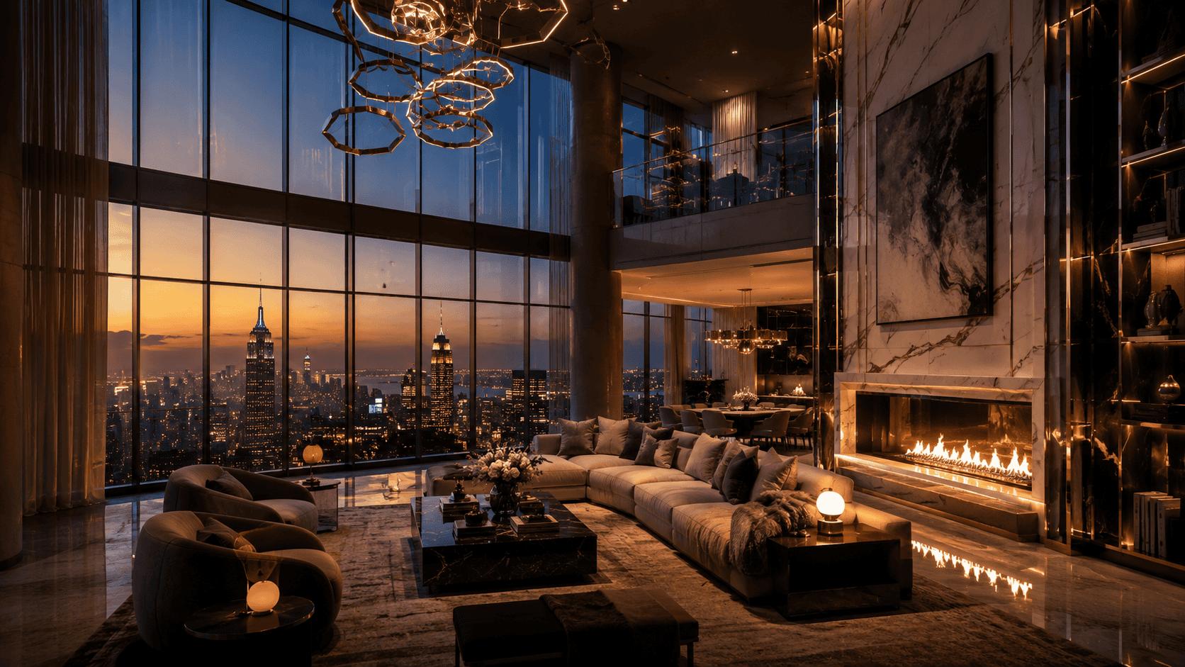 Modern double-height living room with floor-to-ceiling windows and city skyline at sunset.