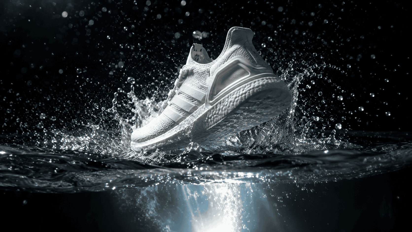 Modern running shoe splashing in water, emphasizing athletic footwear and motion.