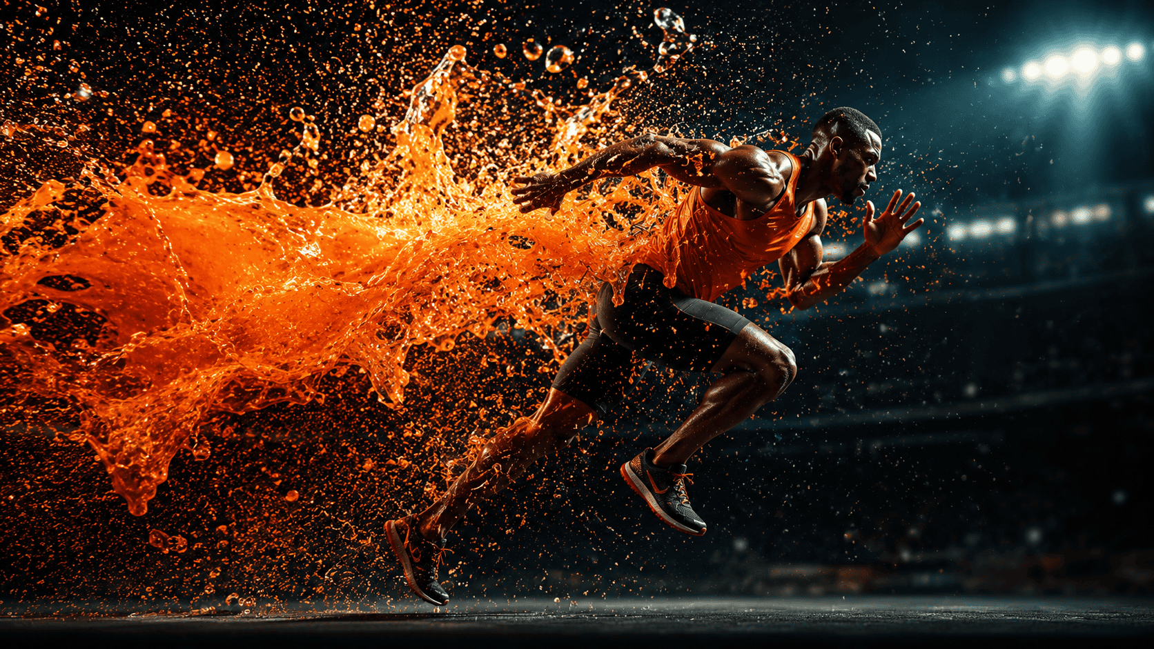 Athlete sprinting at night with dynamic orange spray behind, showcasing speed and energy.