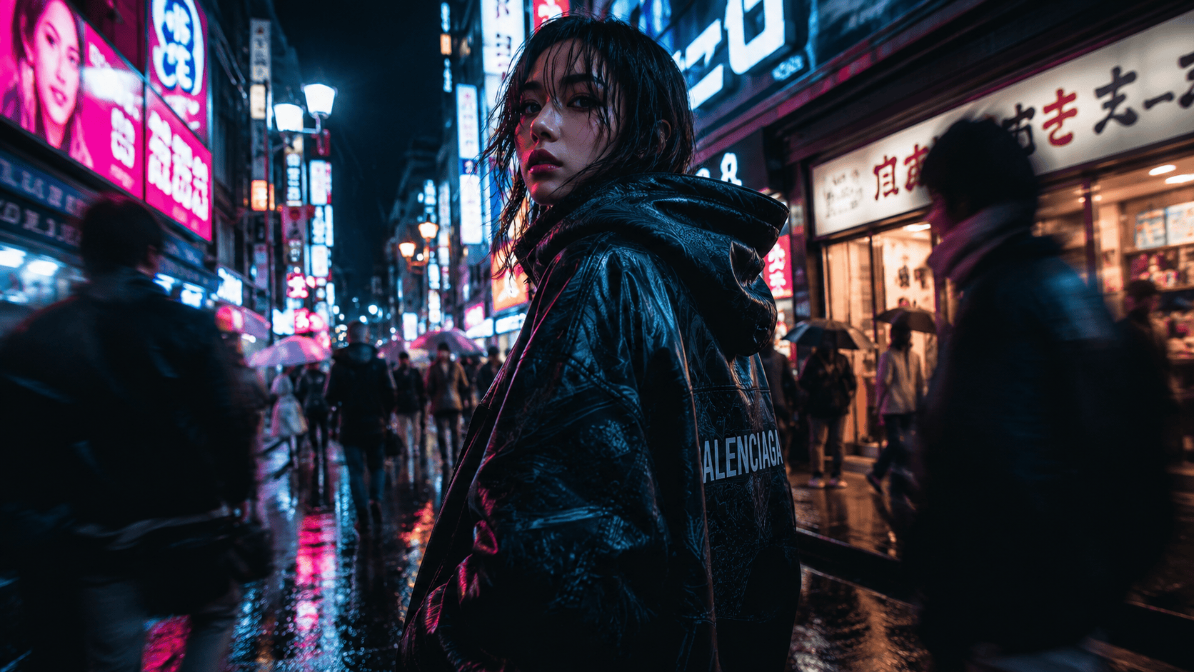 Nightlife in Tokyo city with neon lights and busy streets.