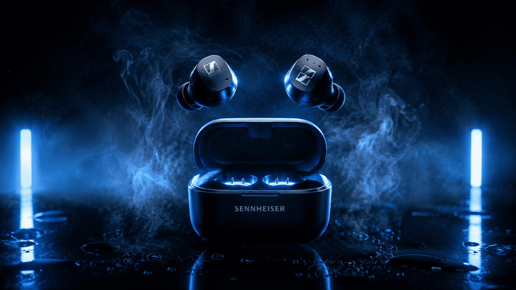 Wireless earbuds with charging case emitting blue light, surrounded by mist and ambient lighting.