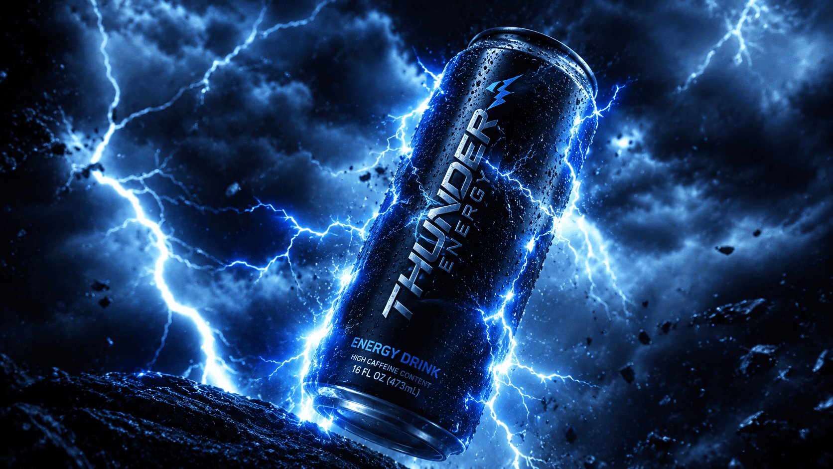 Volt energy drink can with lightning effects in a stormy sky.