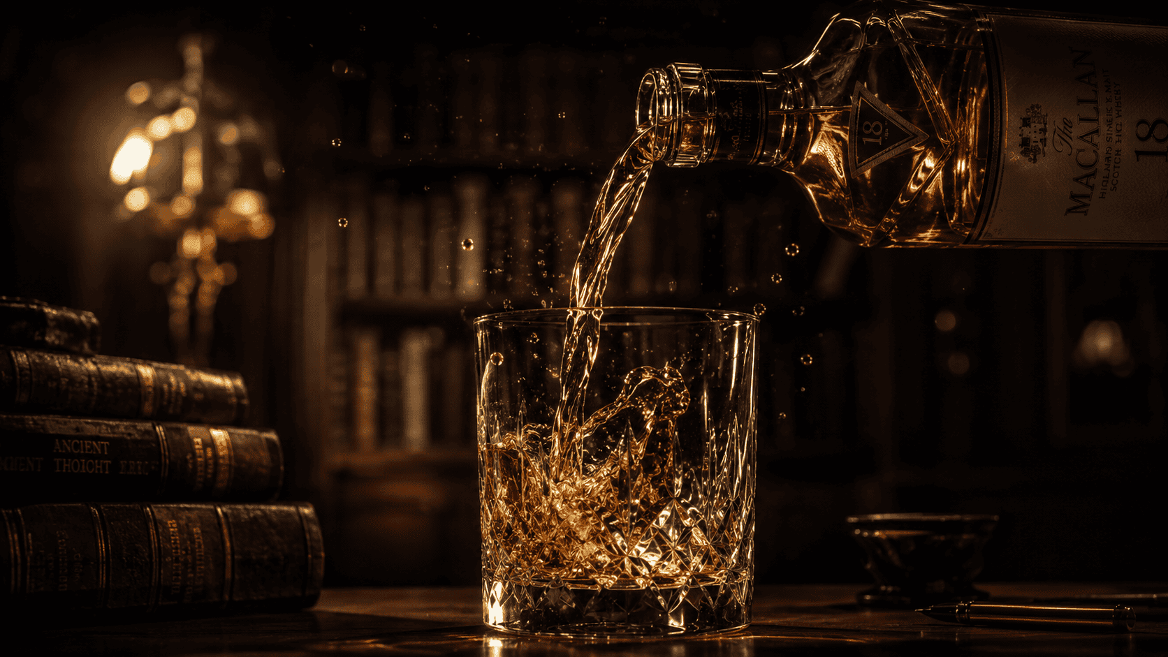 Pouring whiskey into a glass with a warm, vintage library background.