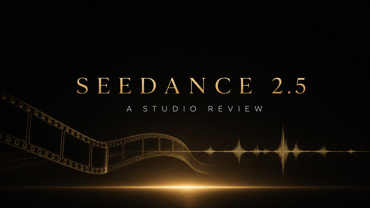 Seedance 2.5 review header — a gold film strip flowing into an audio waveform, for AI video with native sound